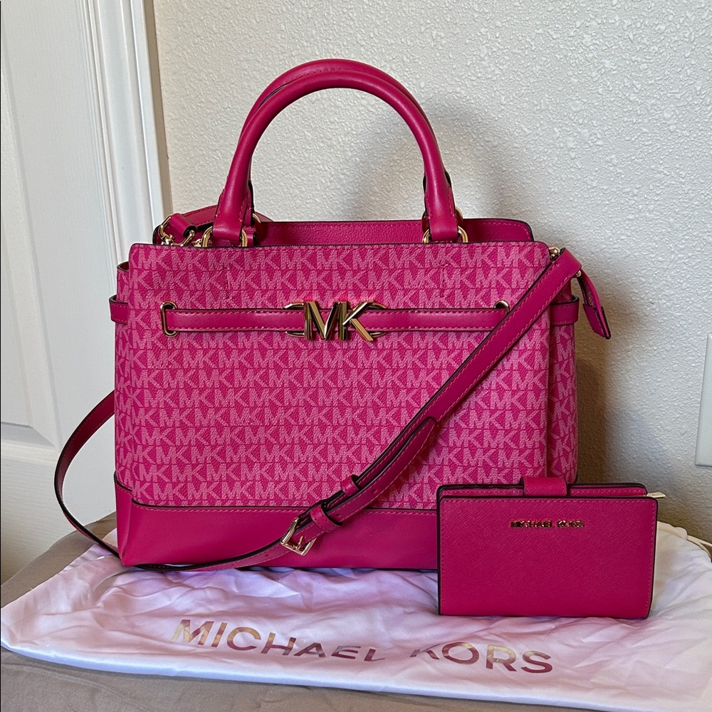 Michael Kors Electric Pink Reed Large Satchel with Matching Wallet